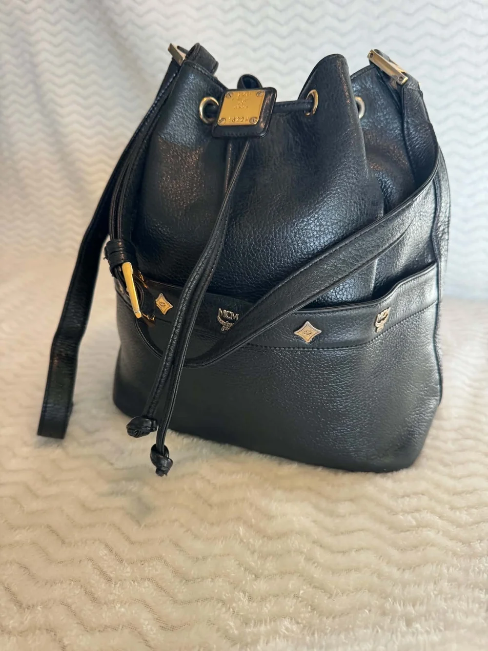 MCM Black Pebbled Leather Drawstring Hobo with Gold Hardware
